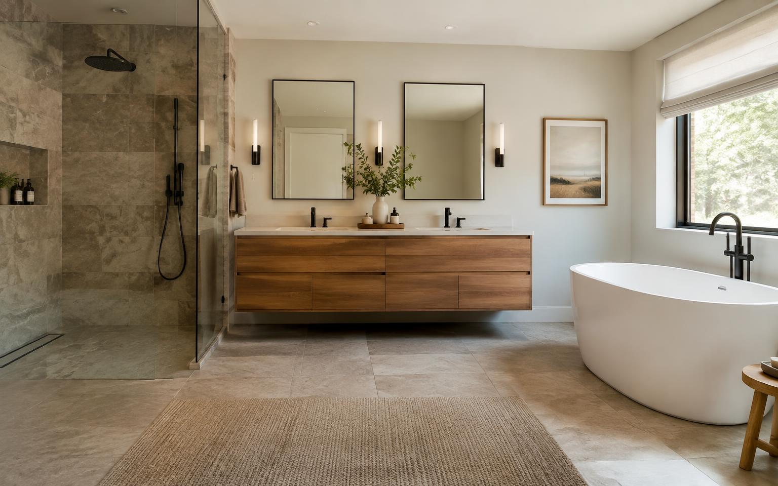 Primary bathroom after renovation with a walk-in glass shower, floating wood vanity, and freestanding tub
