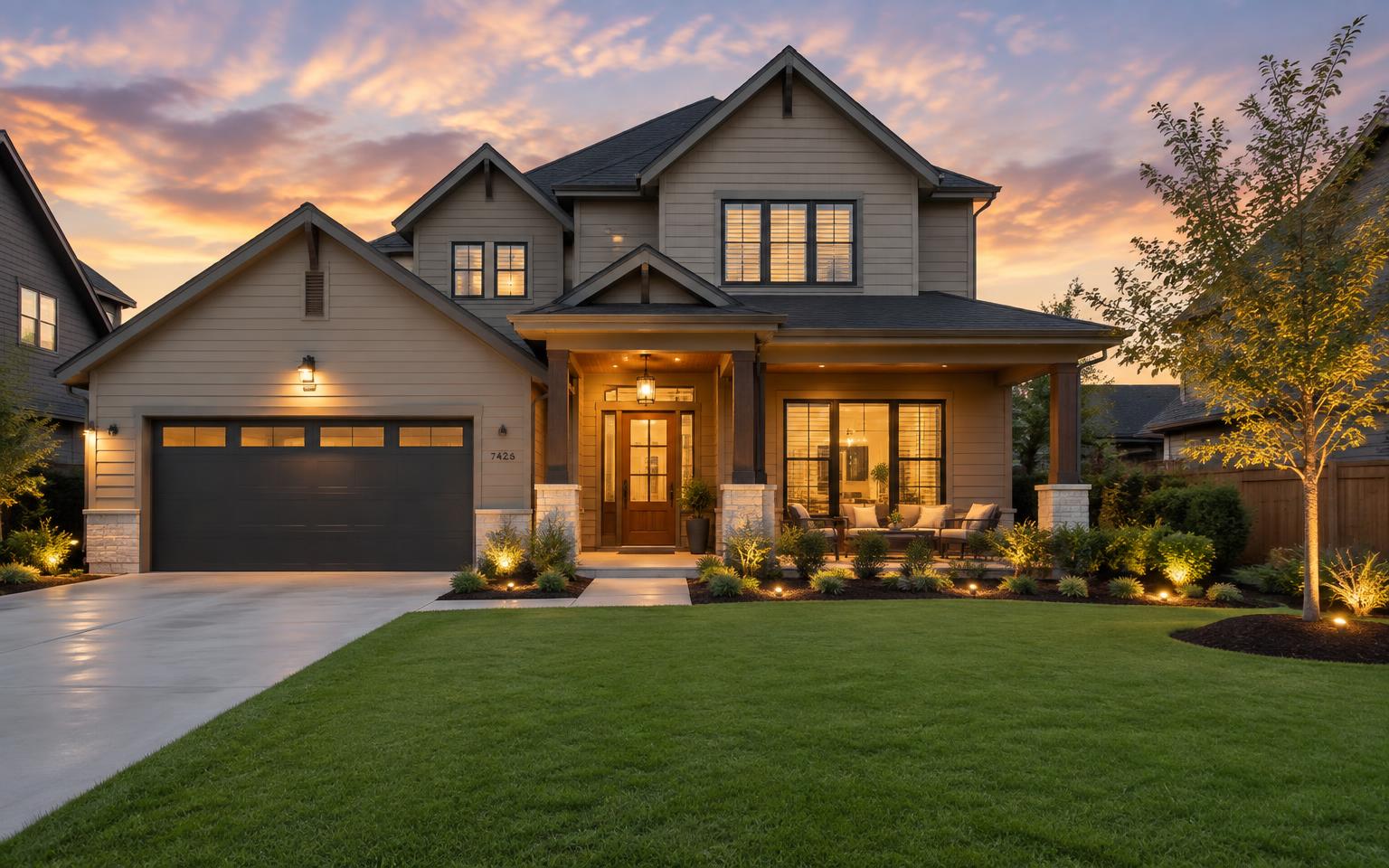 Home exterior after renovation with new siding, a new front door, and landscape lighting at dusk