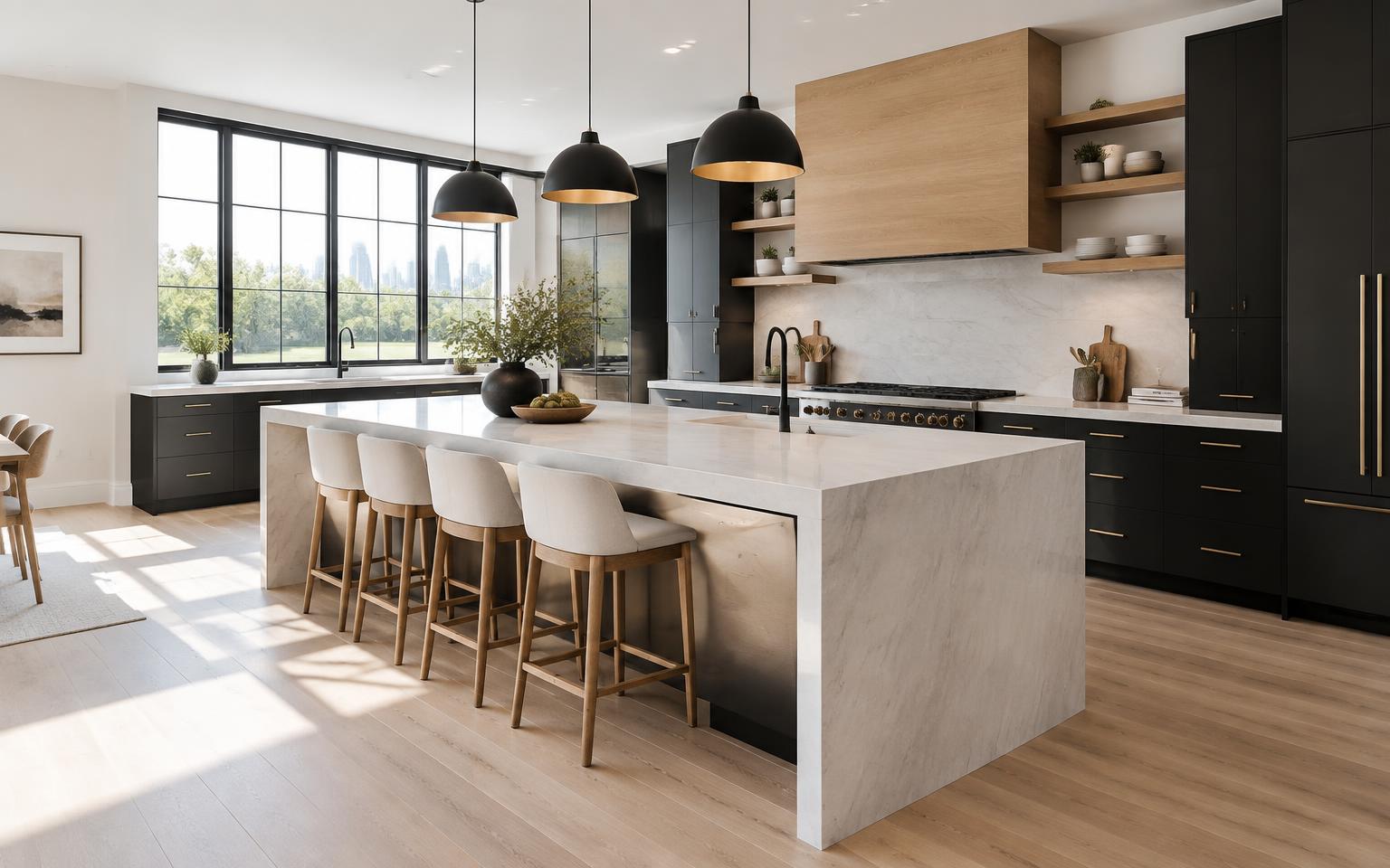 Open-concept kitchen after renovation with a quartz waterfall island, matte black cabinetry, and white oak accents